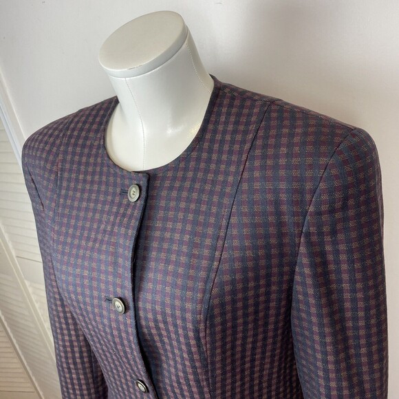 vintage Christian Dior Jacket blazer burgundy gingham pattern 8 shoulder pads - Picture 2 of 12